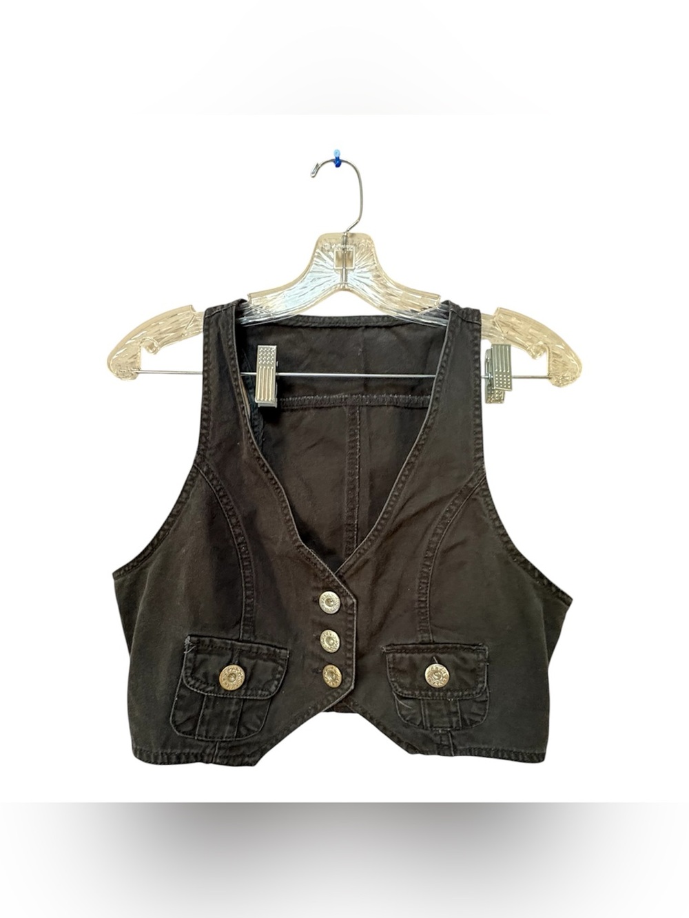 Y2K Style Washed Black Military Vest Medium Cropped Gold Button Utility